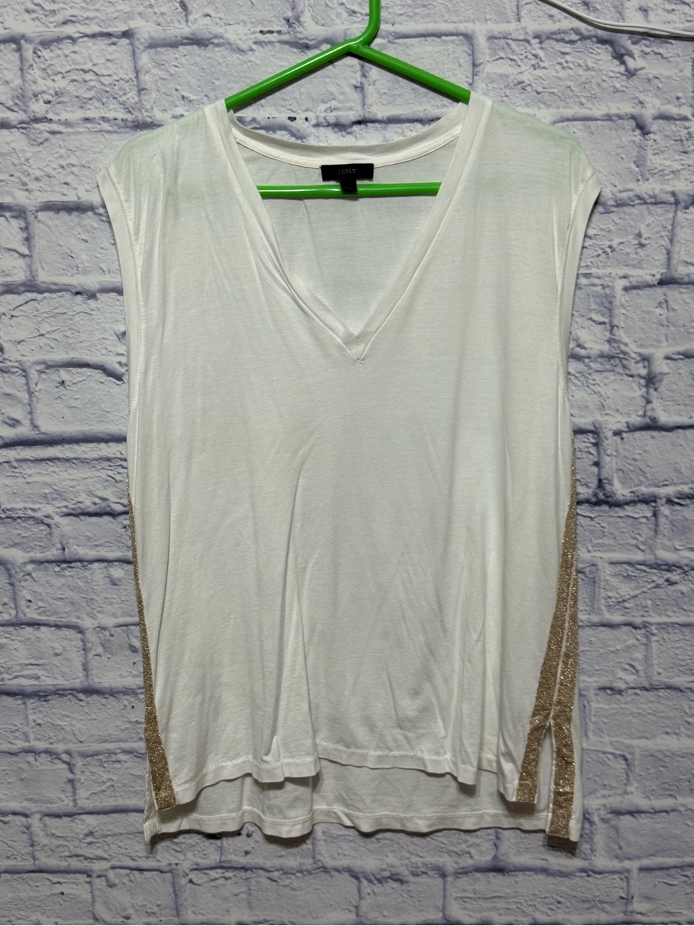 J Crew V Neck Sleeveless Cotton Tunic Tee W Gold Metallic Side Stripes Large
Exc